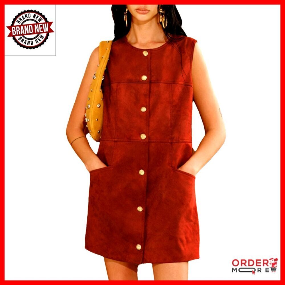 Vintage Suede Mini Pinafore Dress Button Down Overall Tank Regular Fit